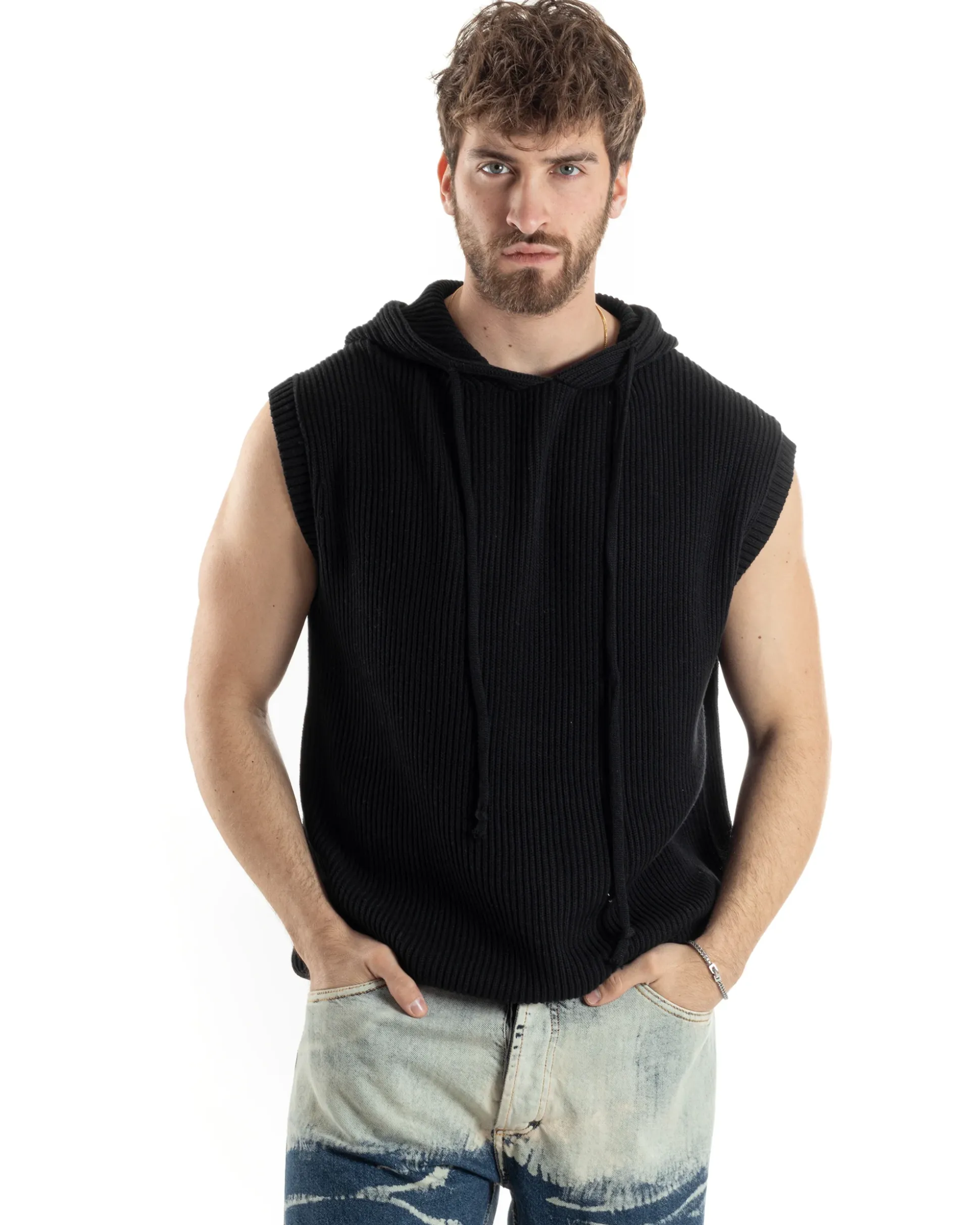 Maglia Gilet Uomo Maglioncino Con Cappuccio Smanicato Basic Casual Tinta Unita Nero GIOSAL-M2829A