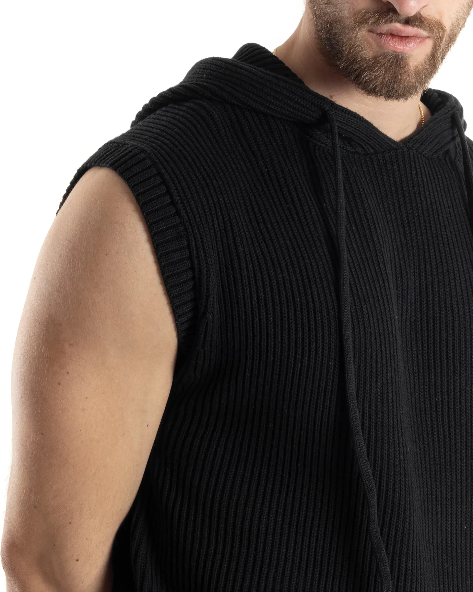Maglia Gilet Uomo Maglioncino Con Cappuccio Smanicato Basic Casual Tinta Unita Nero GIOSAL-M2829A
