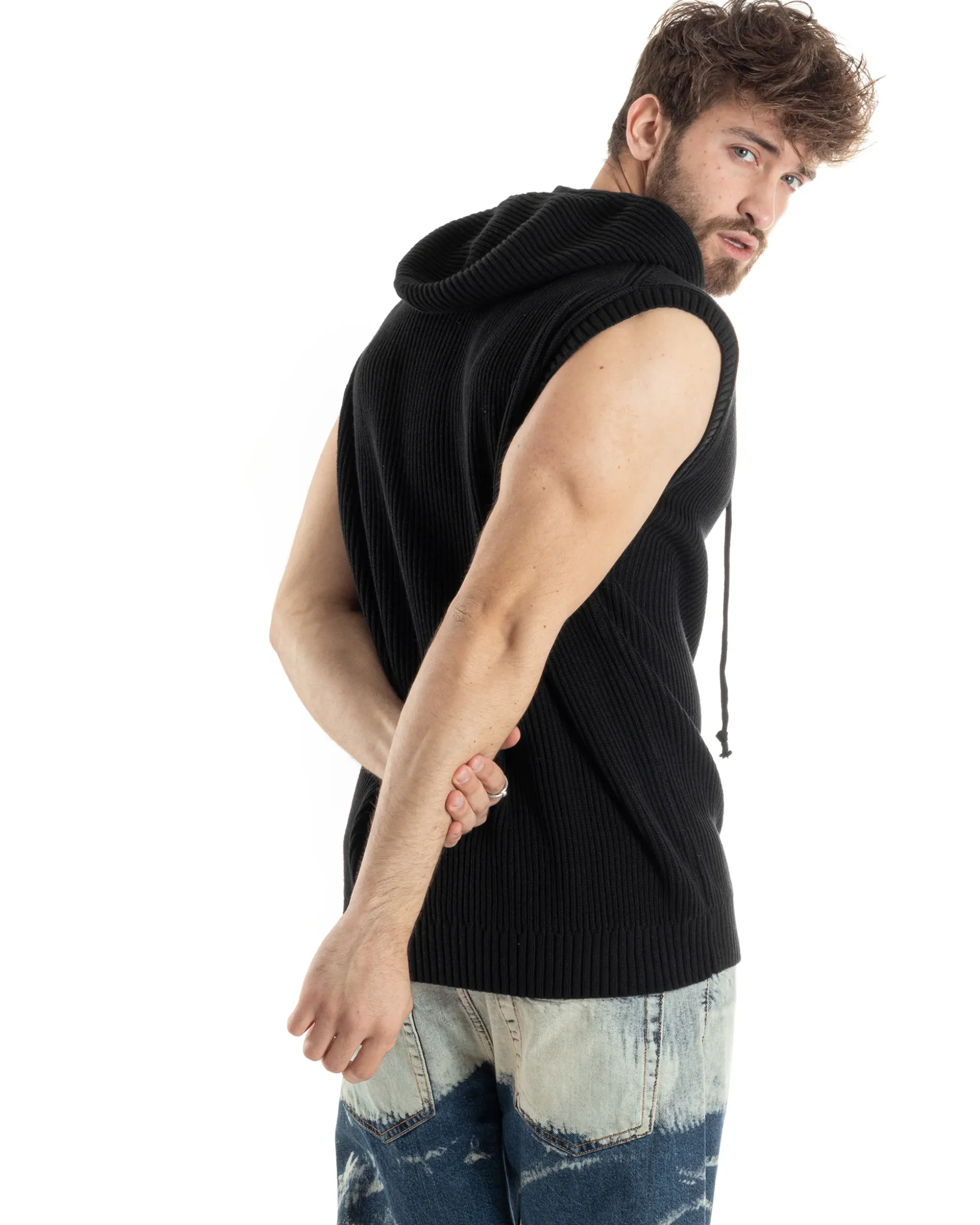 Maglia Gilet Uomo Maglioncino Con Cappuccio Smanicato Basic Casual Tinta Unita Nero GIOSAL-M2829A