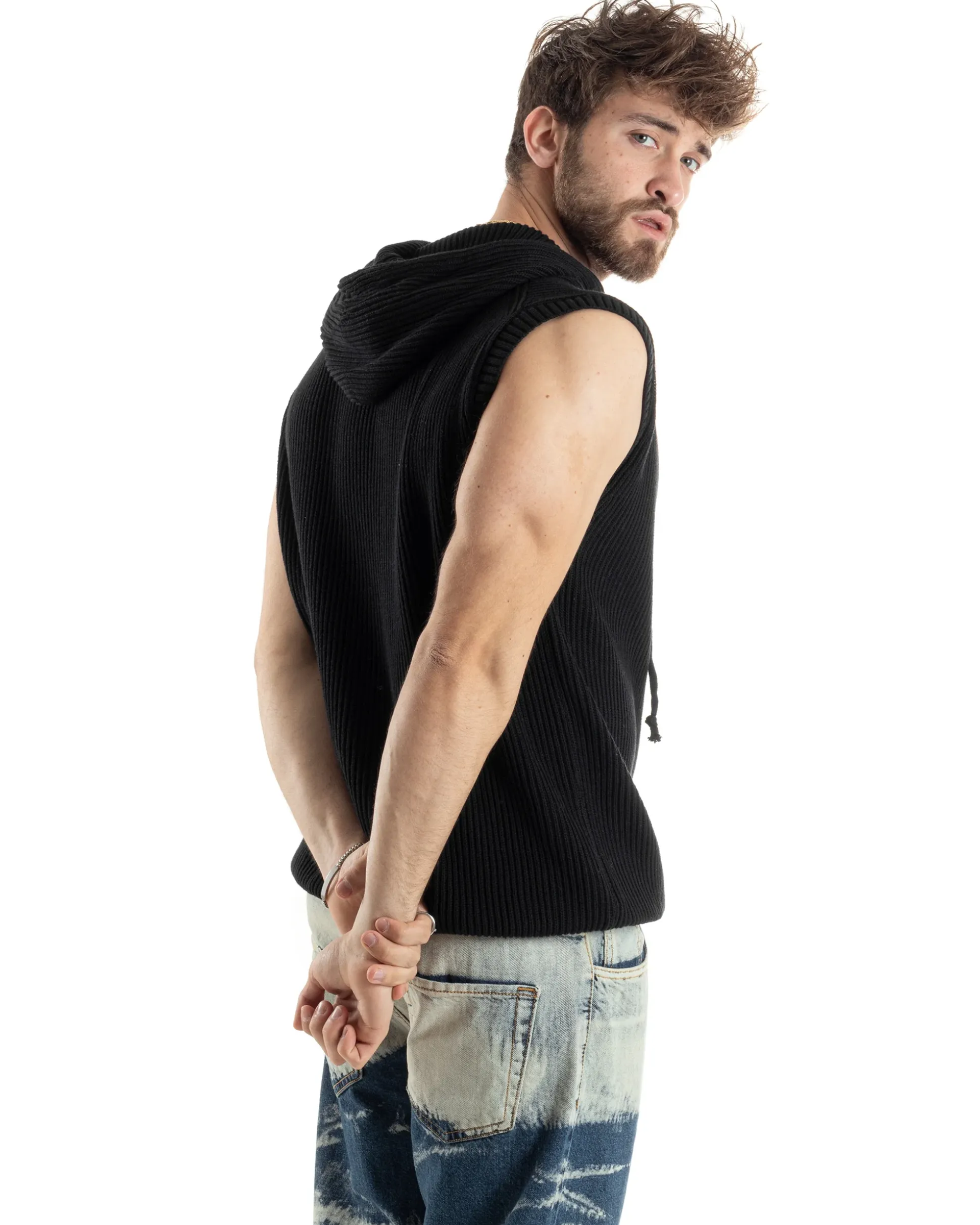 Maglia Gilet Uomo Maglioncino Con Cappuccio Smanicato Basic Casual Tinta Unita Nero GIOSAL-M2829A