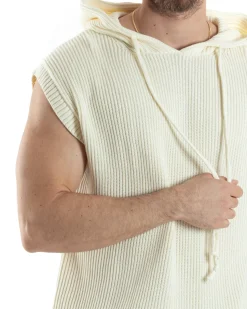 Maglia Gilet Uomo Maglioncino Con Cappuccio Smanicato Basic Casual Tinta Unita Bianco GIOSAL-M2830A