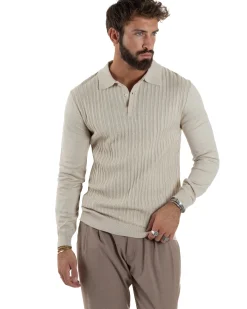 Maglia Uomo Colletto Polo Maglioncino Trecce Basic Beige M3037A