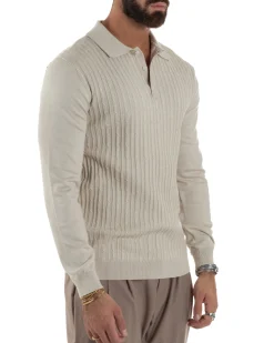 Maglia Uomo Colletto Polo Maglioncino Trecce Basic Beige M3037A