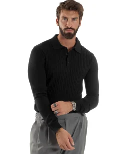 Maglia Uomo Colletto Polo Maglioncino Trecce Basic Nero M3038A