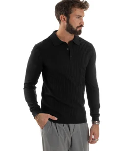 Maglia Uomo Colletto Polo Maglioncino Trecce Basic Nero M3038A