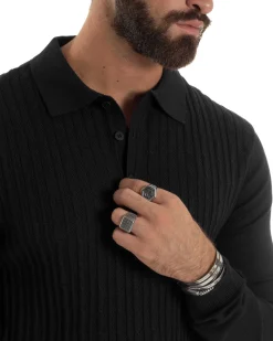 Maglia Uomo Colletto Polo Maglioncino Trecce Basic Nero M3038A