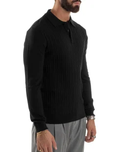 Maglia Uomo Colletto Polo Maglioncino Trecce Basic Nero M3038A