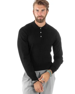 Maglia Uomo Con Colletto Polo Maglioncino Con Bottoncini Fantasia Trecce Nero GIOSAL-M2837A