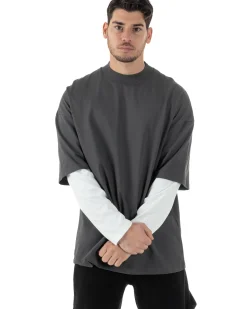 Maglia Uomo Girocollo T-Shirt Maniche Lunghe Combinate Long Sleeve Bicolore Oversize Comoda Grigio GIOSAL-M2973A