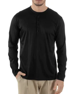 Maglia Uomo Maniche Lunghe Collo Serafino Con Bottoni Sottogiacca Girocollo Casual Tinta Unita Nero GIOSAL-M2971A