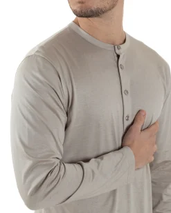 Maglia Uomo Maniche Lunghe Collo Serafino Con Bottoni Sottogiacca Girocollo Casual Tinta Unita Beige GIOSAL-M2972A