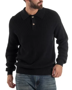 Maglia Uomo Polo Maglioncino Con Colletto Nero M3012A