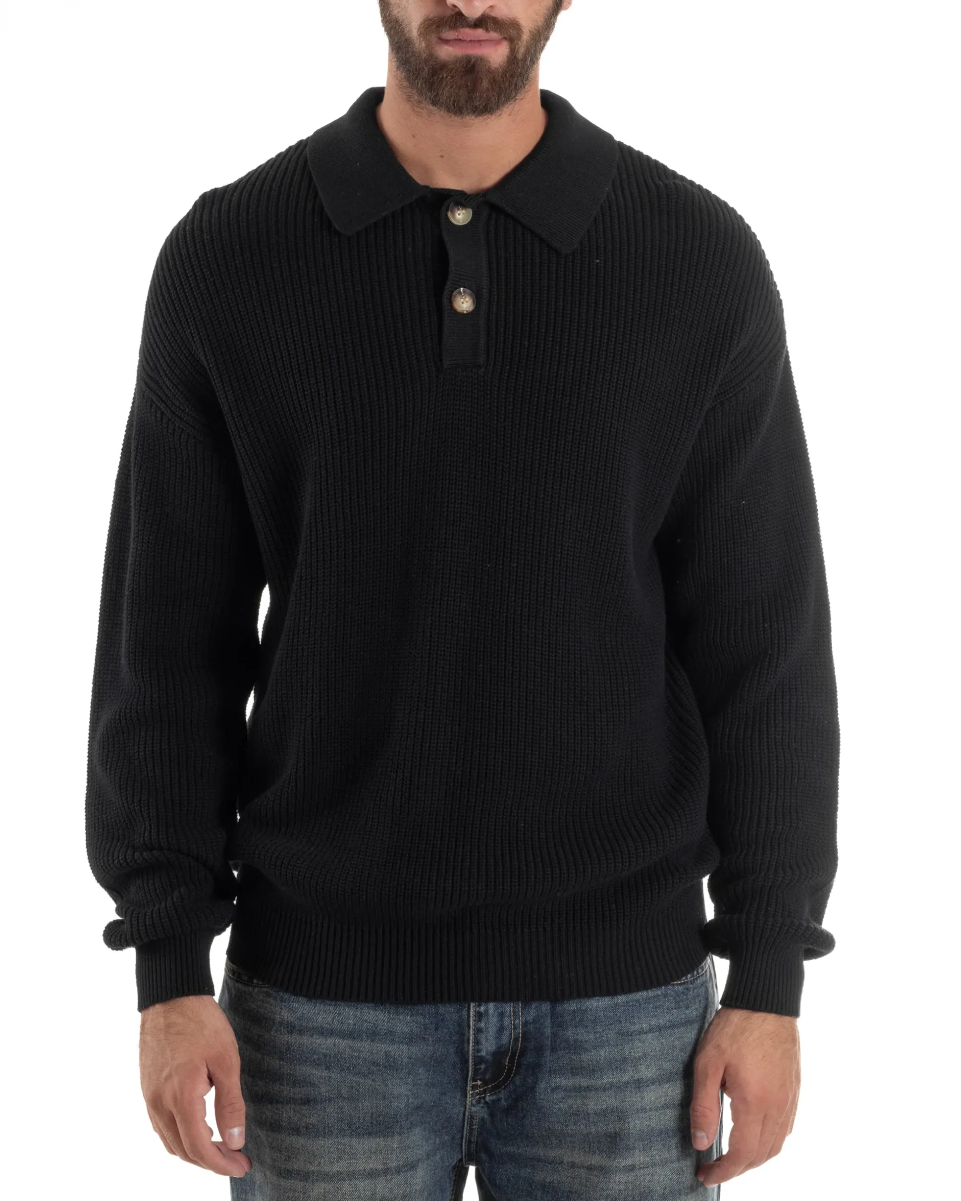 Maglia Uomo Polo Maglioncino Con Colletto Nero M3012A