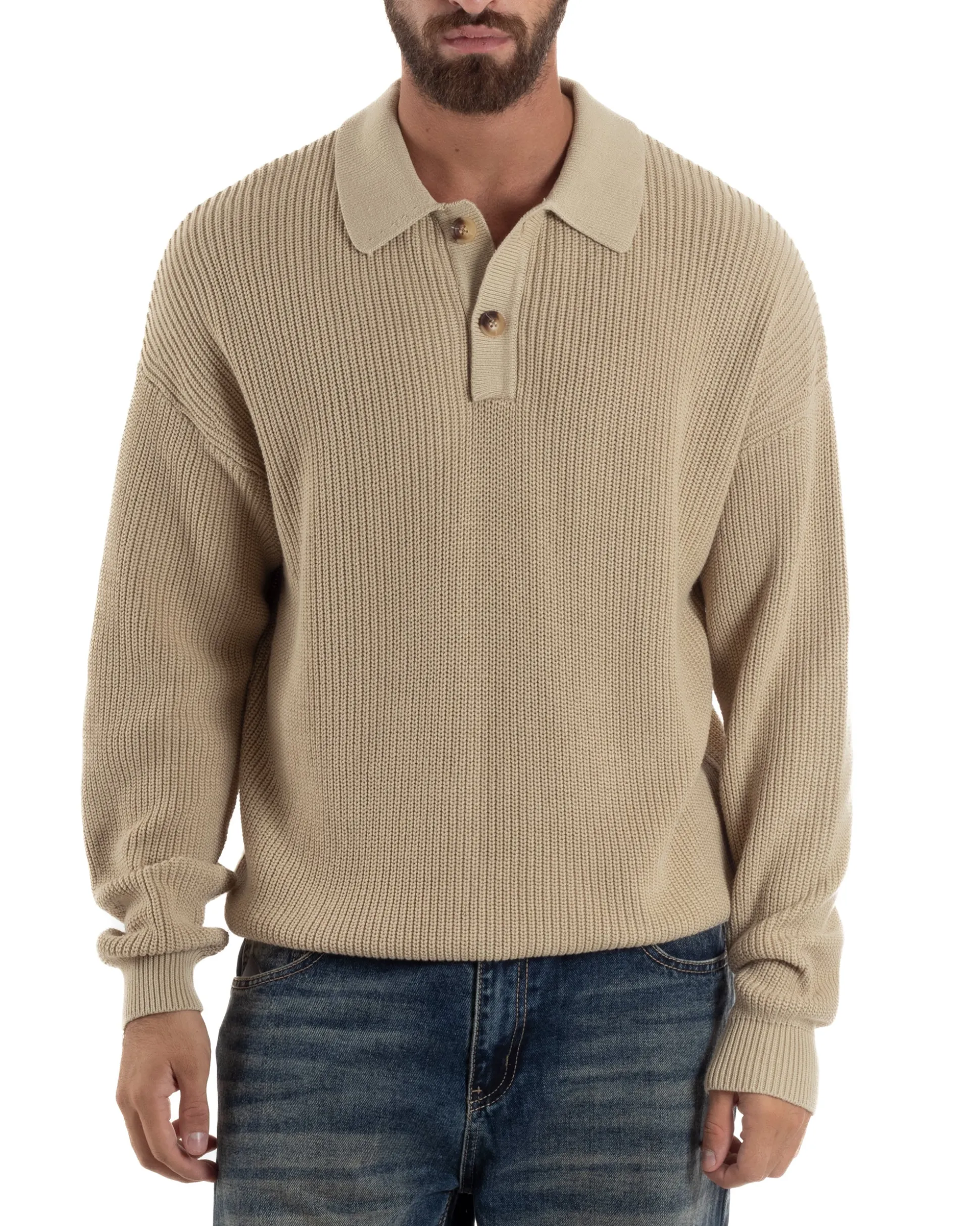 Maglia Uomo Polo Maglioncino Con Colletto Beige M3013A