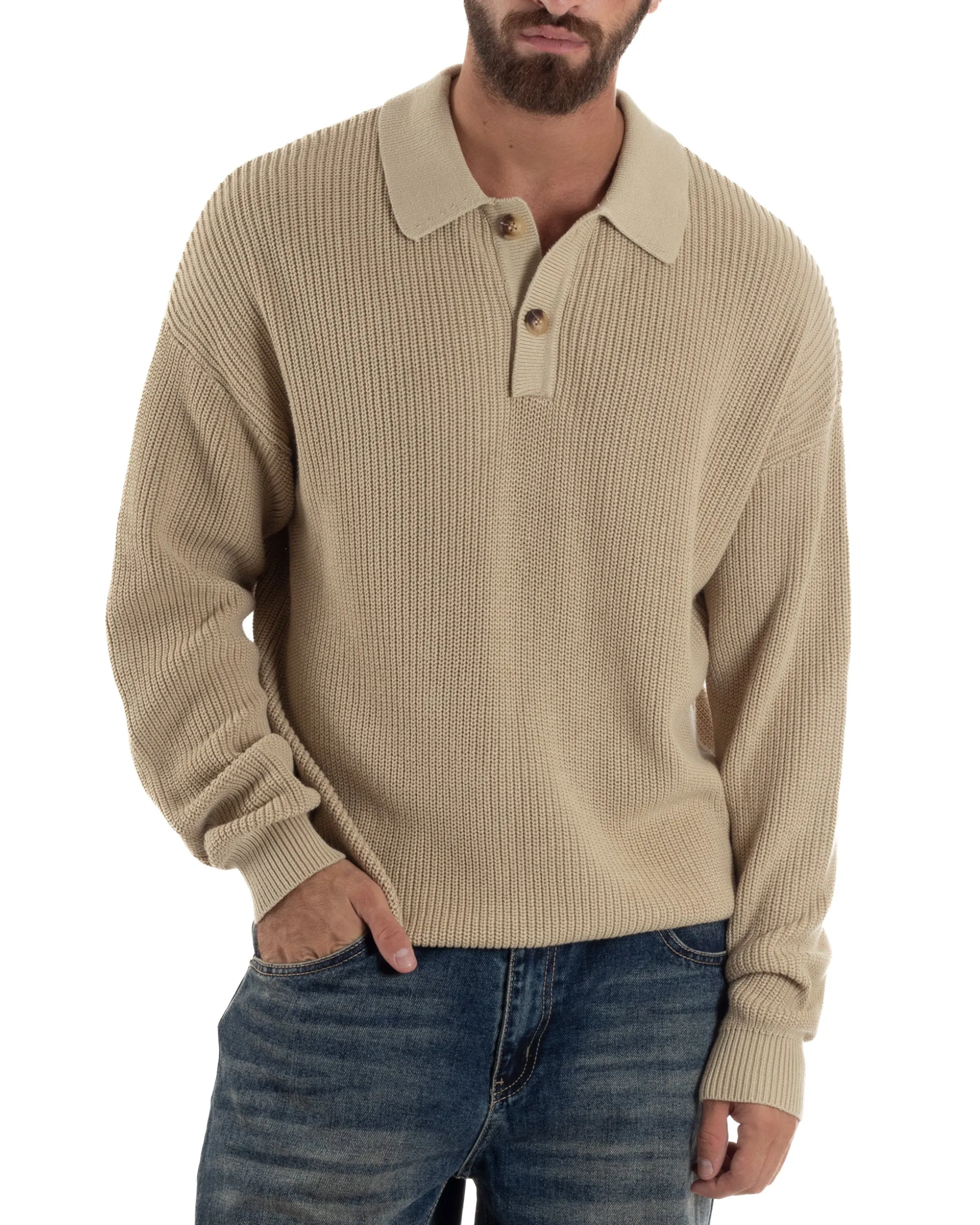 Maglia Uomo Polo Maglioncino Con Colletto Beige M3013A