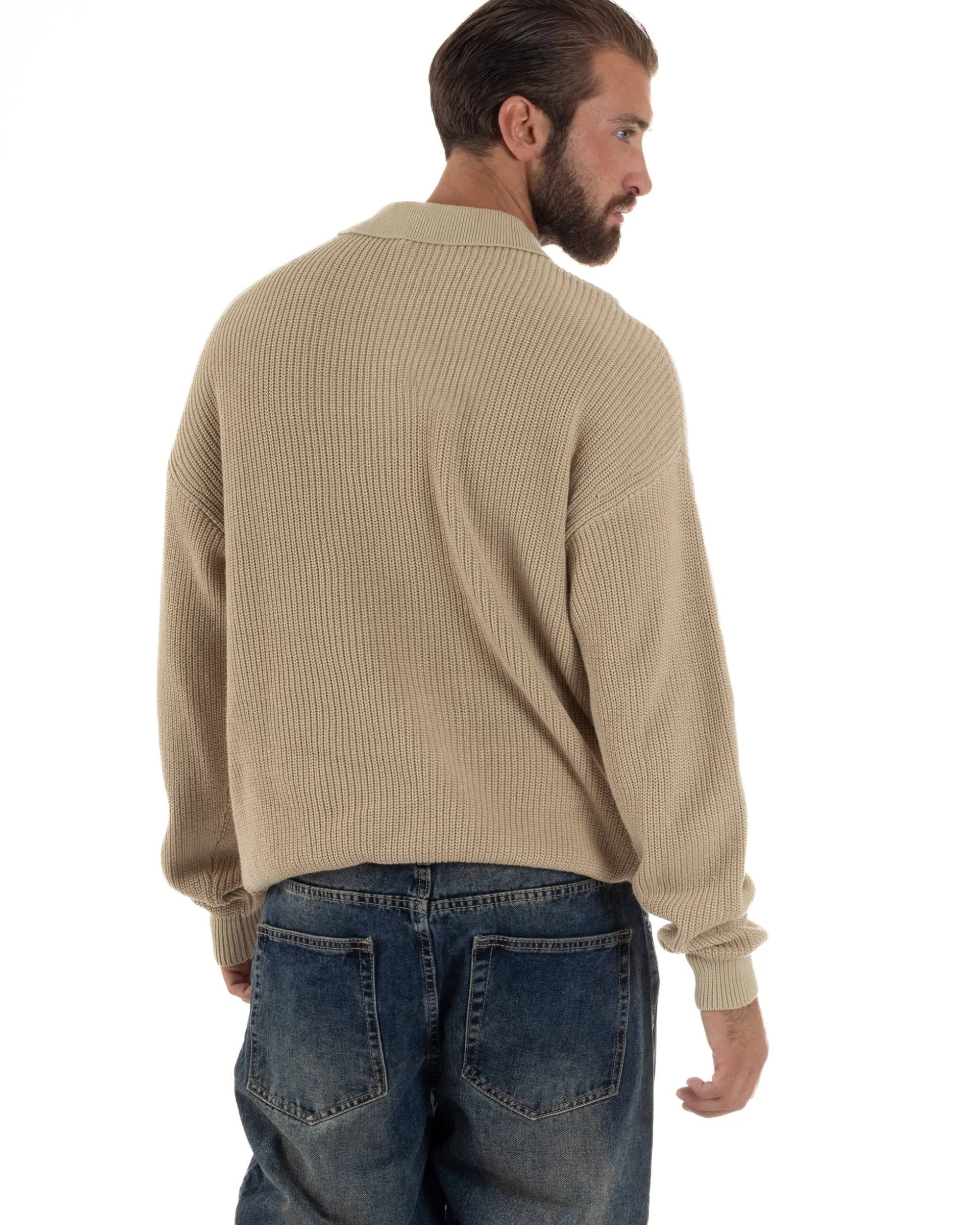 Maglia Uomo Polo Maglioncino Con Colletto Beige M3013A