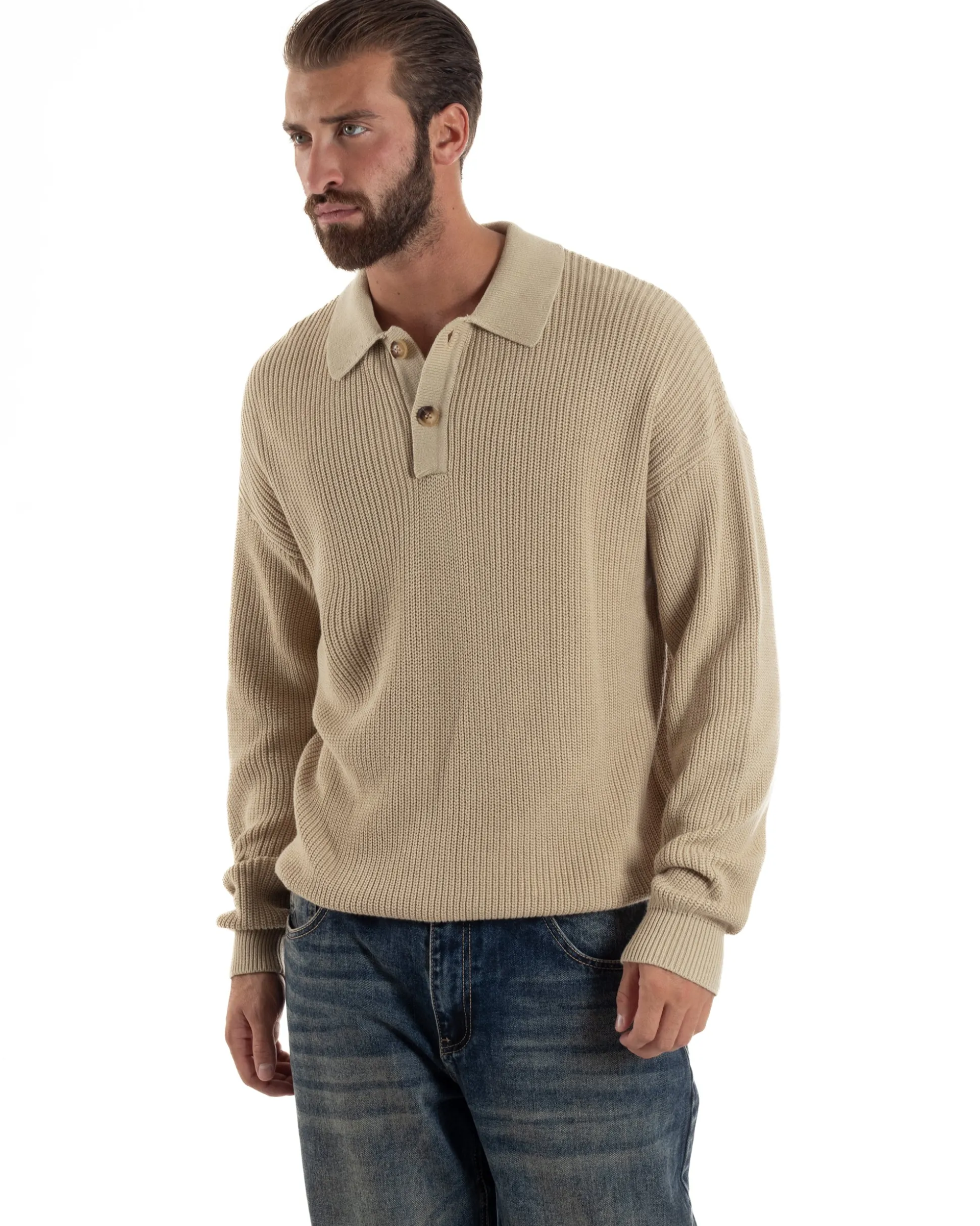 Maglia Uomo Polo Maglioncino Con Colletto Beige M3013A
