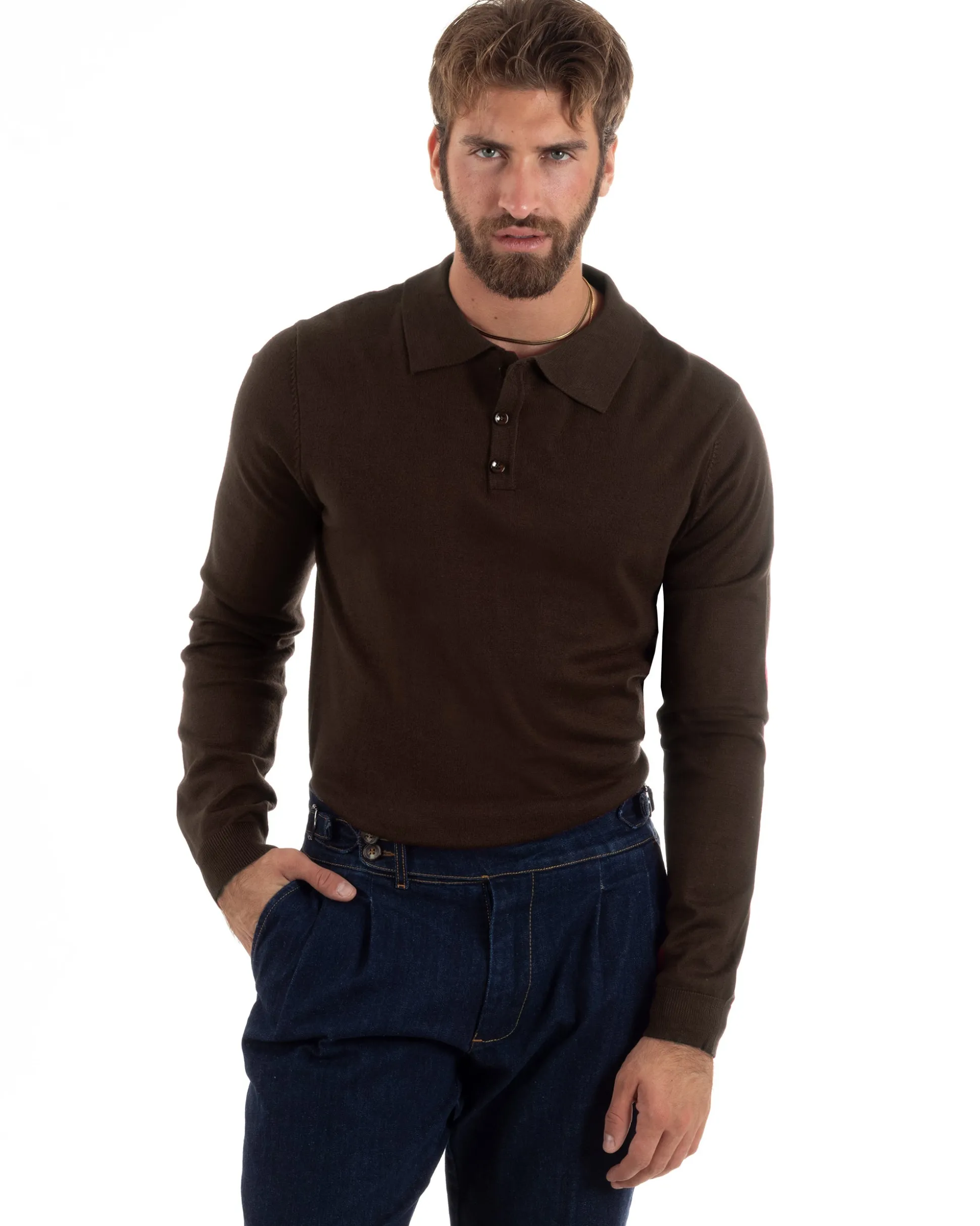 Maglioncino Uomo Casual Maglia Con Colletto Polo Basic Marrone M3002A