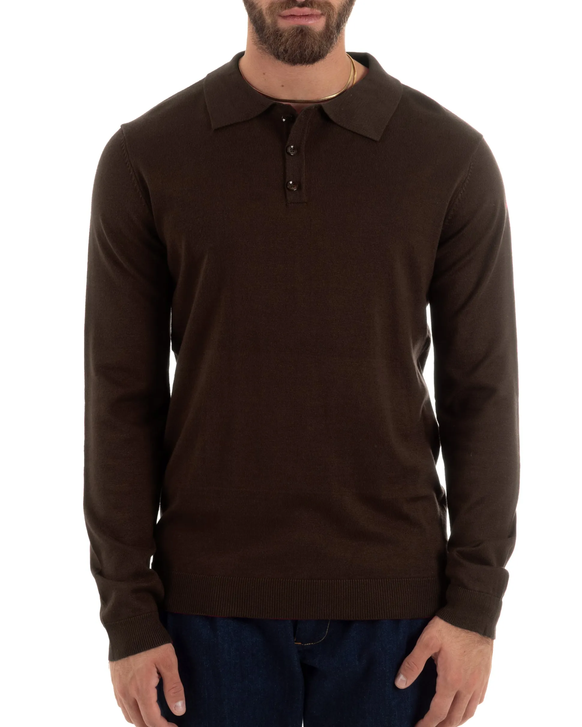 Maglioncino Uomo Casual Maglia Con Colletto Polo Basic Marrone M3002A