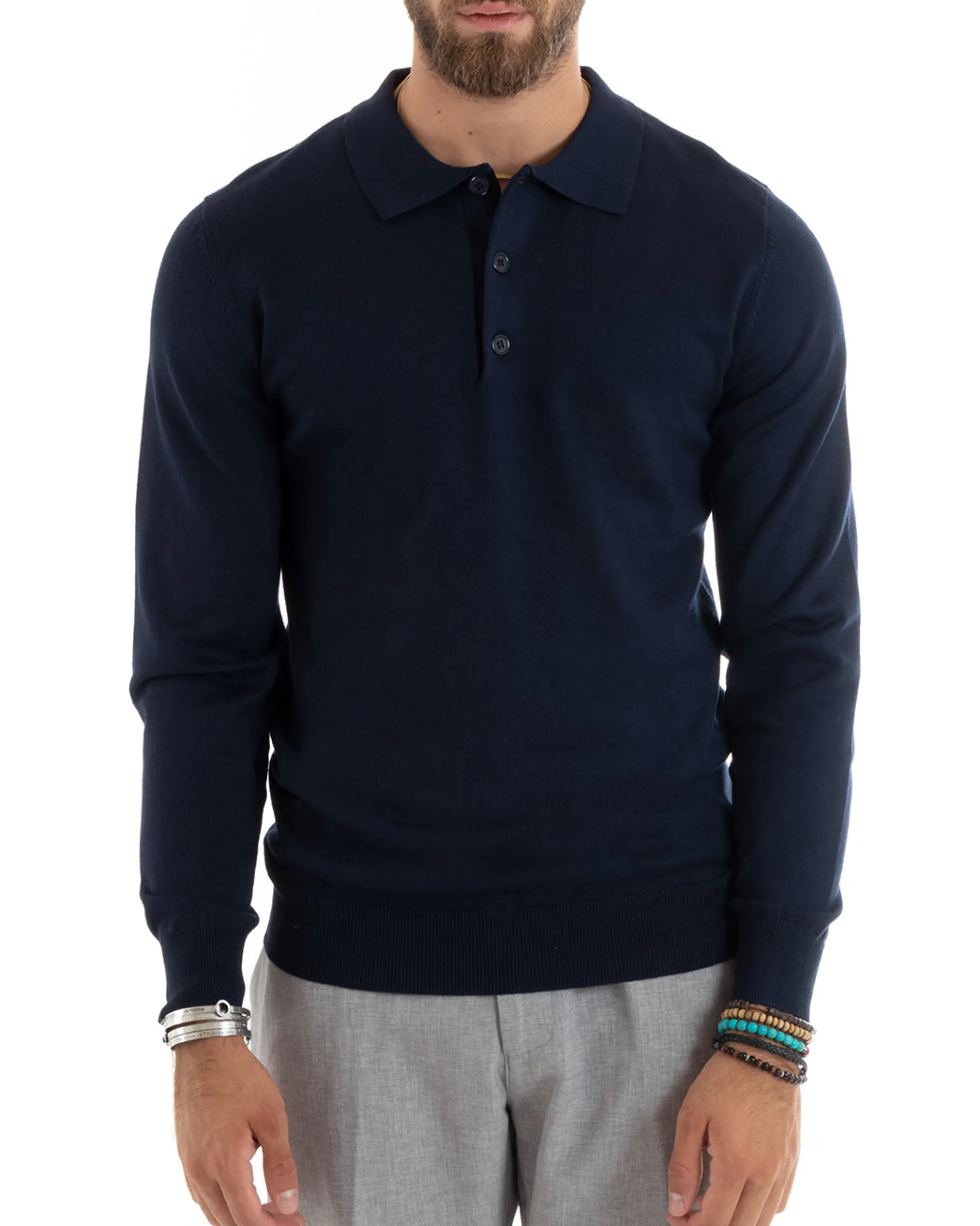 Maglioncino Uomo Casual Maglia Con Colletto Polo Basic Blu M2679A