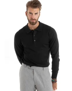 Maglioncino Uomo Casual Maglia Con Colletto Polo Basic Nero M2680A