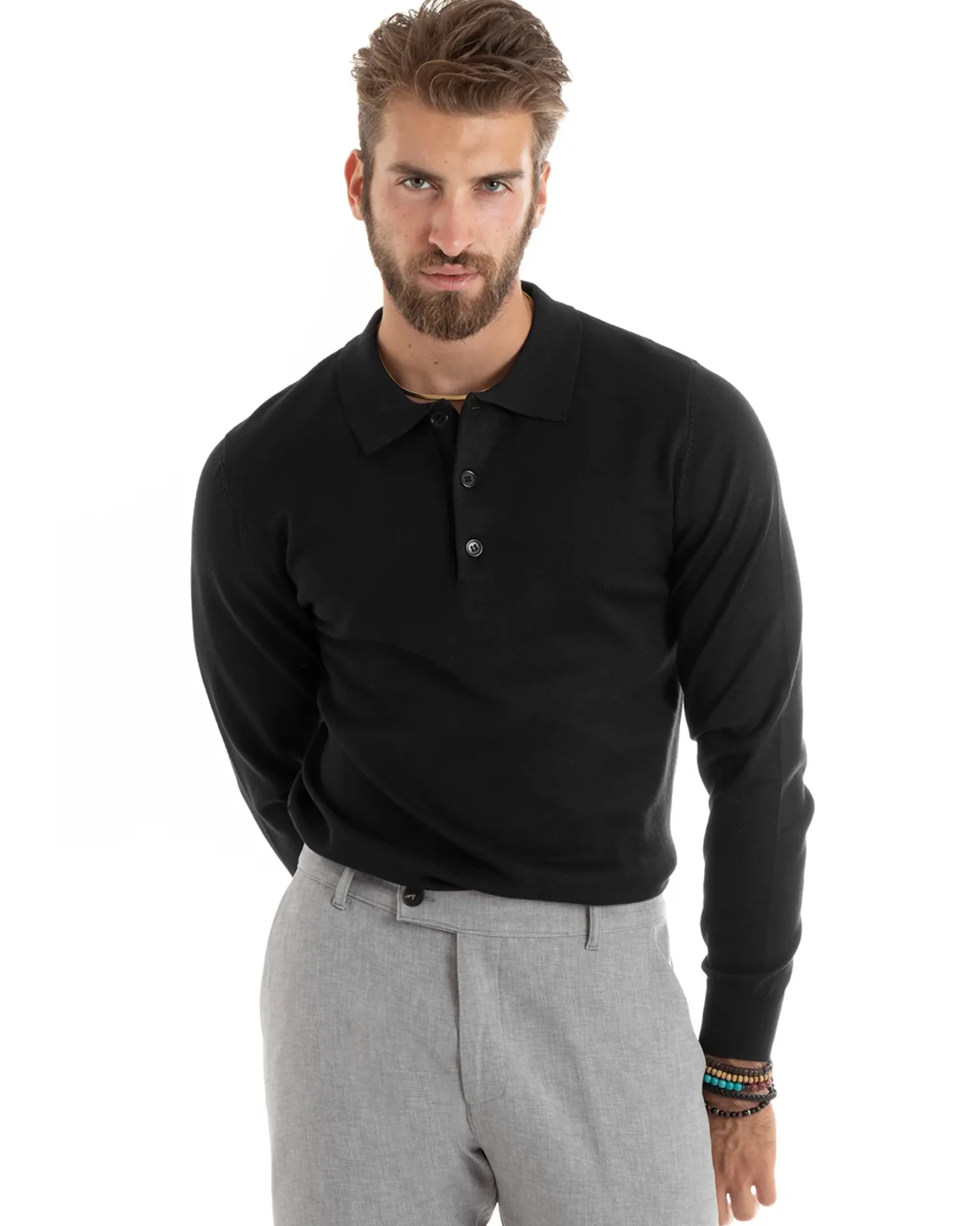Maglioncino Uomo Casual Maglia Con Colletto Polo Basic Nero M2680A