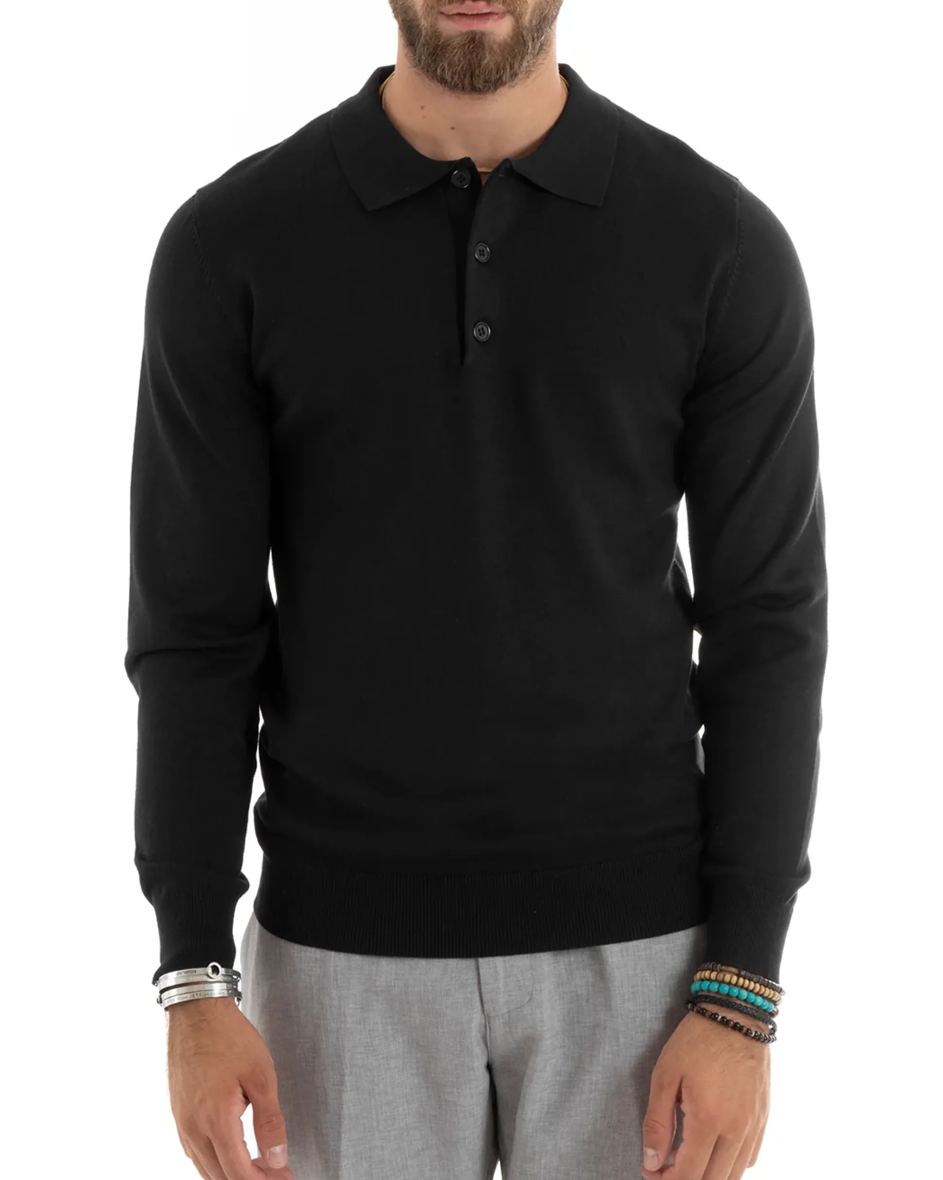 Maglioncino Uomo Casual Maglia Con Colletto Polo Basic Nero M2680A