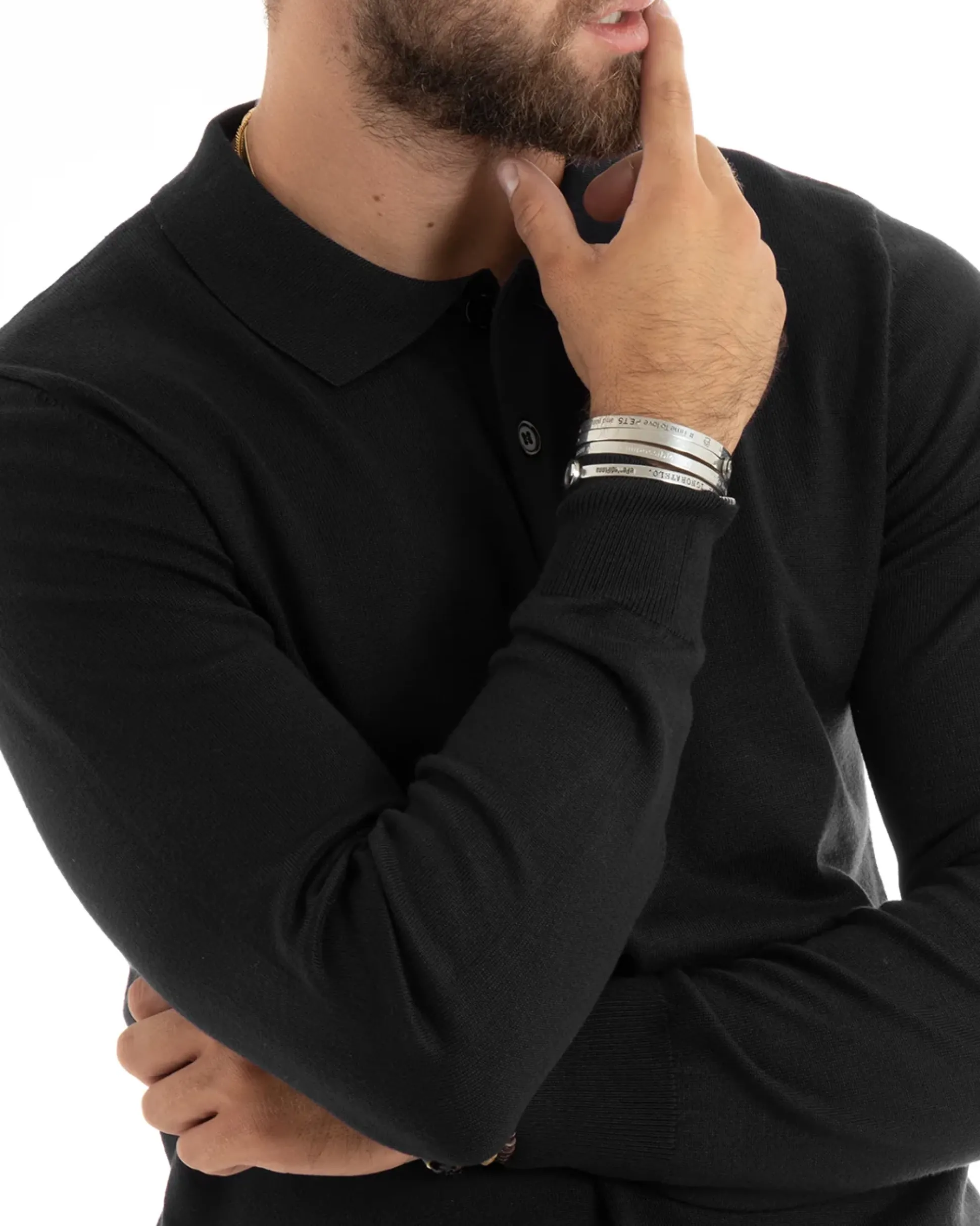 Maglioncino Uomo Casual Maglia Con Colletto Polo Basic Nero M2680A