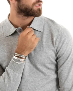 Maglioncino Uomo Casual Maglia Con Colletto Polo Basic Grigio Chiaro M2685A
