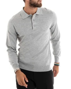 Maglioncino Uomo Casual Maglia Con Colletto Polo Basic Grigio Chiaro M2685A