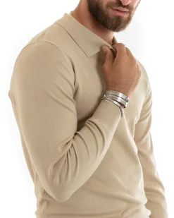 Maglioncino Uomo Casual Maglia Con Colletto Polo Basic Beige M2681A