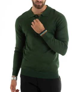 Maglioncino Uomo Casual Maglia Con Colletto Polo Basic Verde M2687A