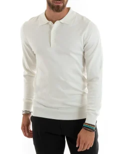Maglioncino Uomo Casual Maglia Con Colletto Polo Basic Bianco M2683A