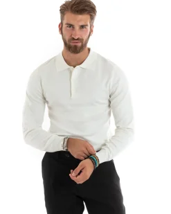 Maglioncino Uomo Casual Maglia Con Colletto Polo Basic Bianco M2683A