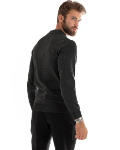Maglioncino Uomo Casual Maglia Con Colletto Polo Basic Grigio Scuro M3003A
