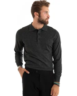 Maglioncino Uomo Casual Maglia Con Colletto Polo Basic Grigio Scuro M3003A