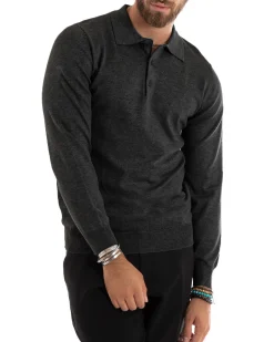 Maglioncino Uomo Casual Maglia Con Colletto Polo Basic Grigio Scuro M3003A