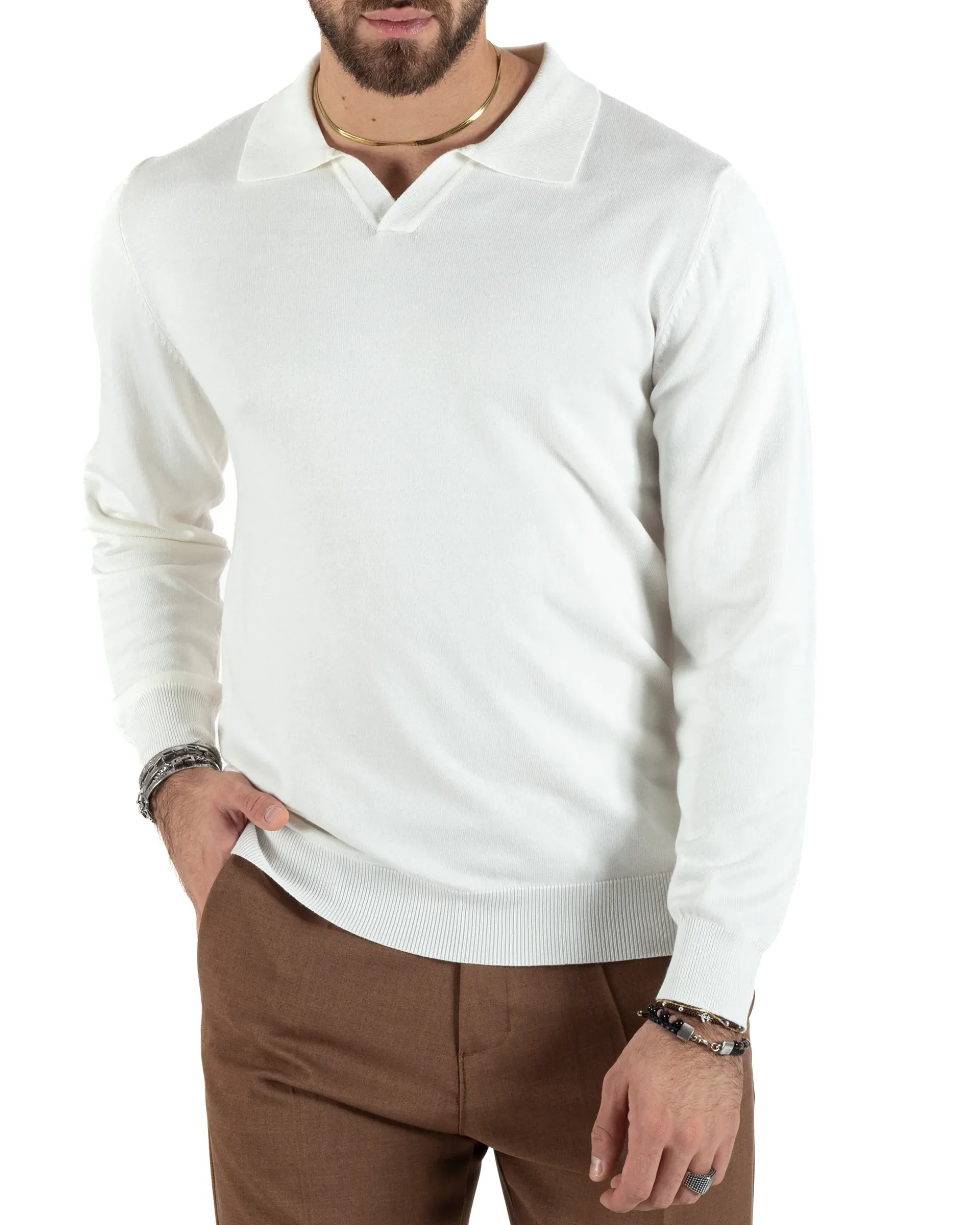 Maglioncino Uomo Casual Maglia Con Colletto Polo Scollo V Tinta Unita Basic Bianco GIOSAL-M2781A