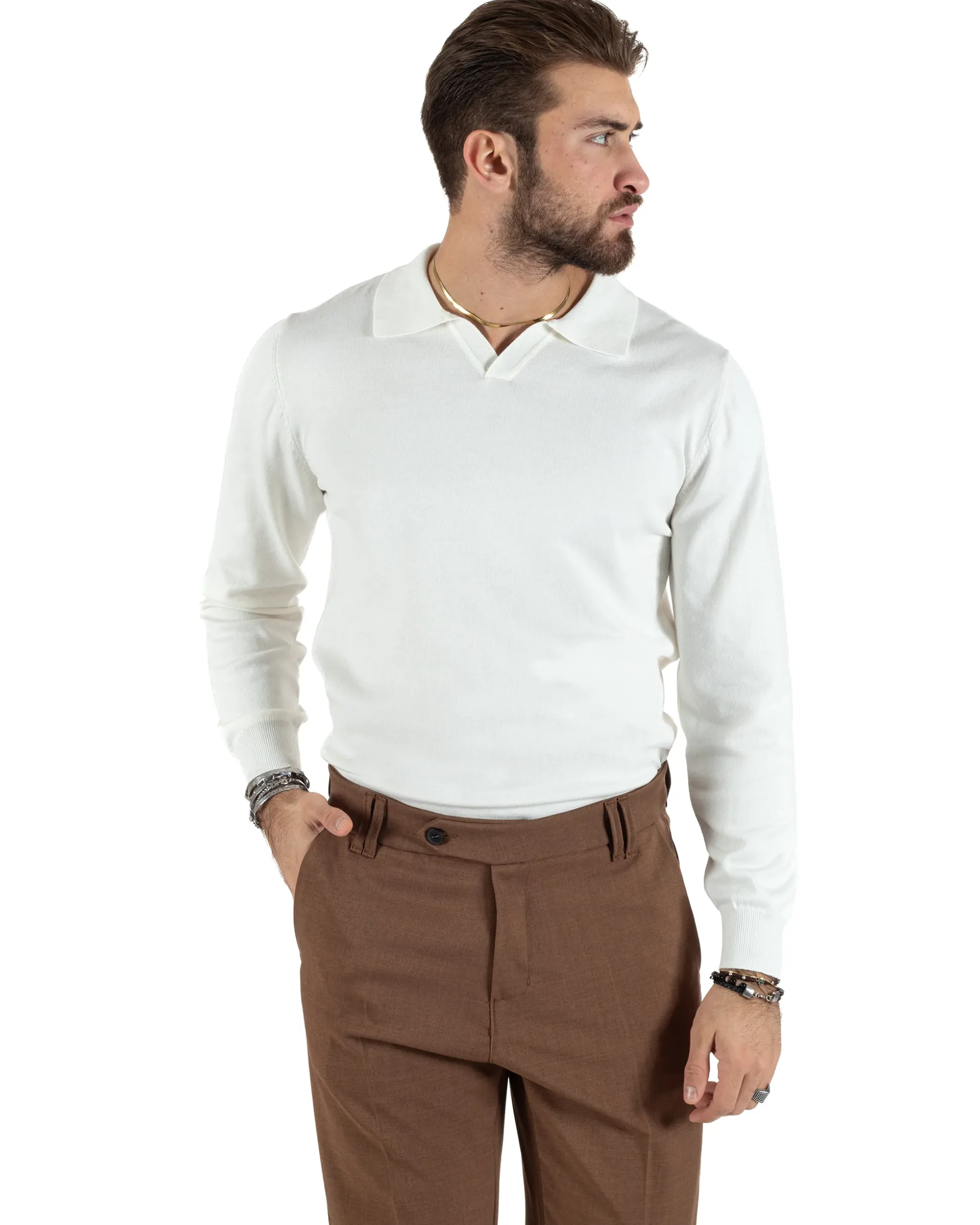 Maglioncino Uomo Casual Maglia Con Colletto Polo Scollo V Tinta Unita Basic Bianco GIOSAL-M2781A