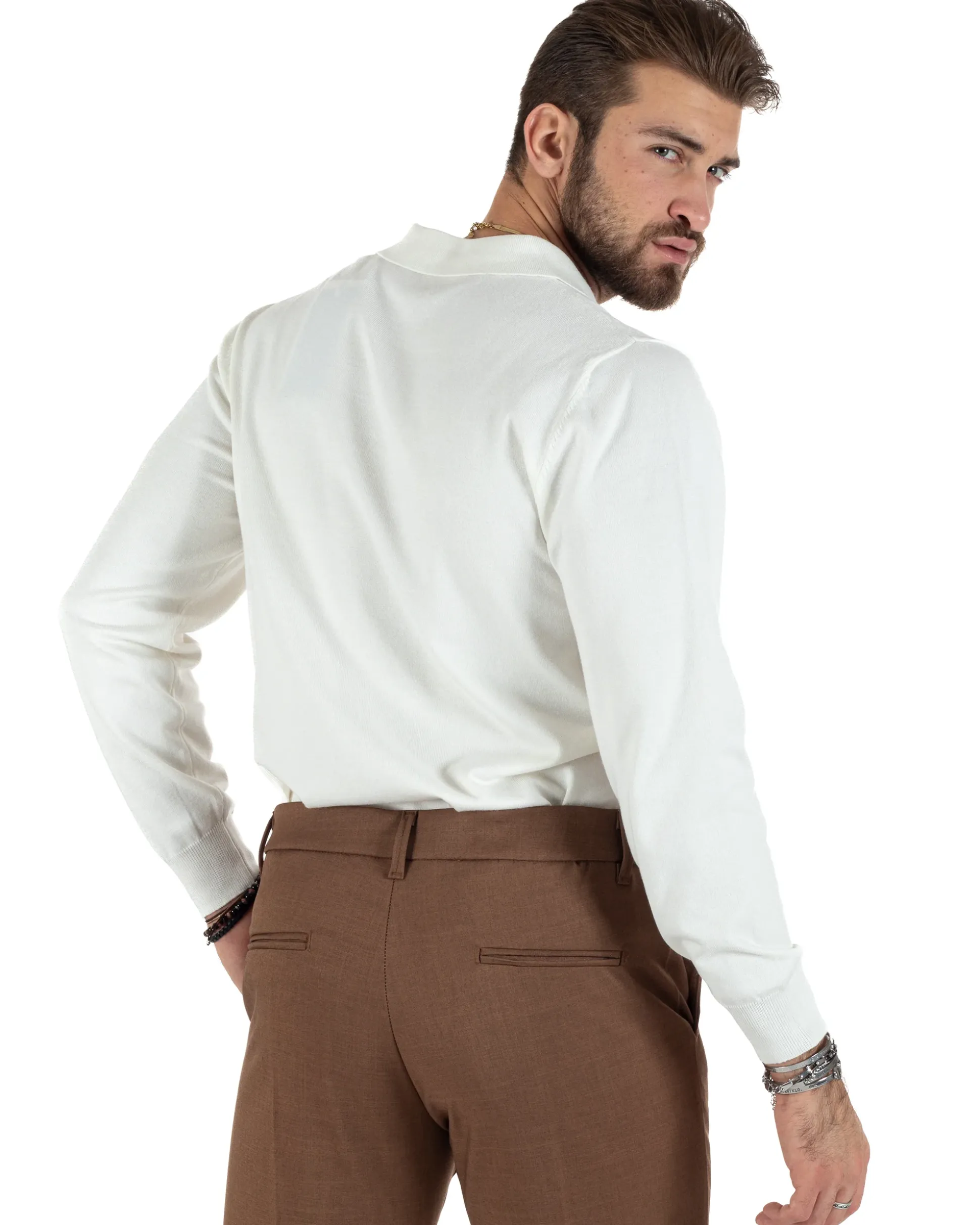 Maglioncino Uomo Casual Maglia Con Colletto Polo Scollo V Tinta Unita Basic Bianco GIOSAL-M2781A