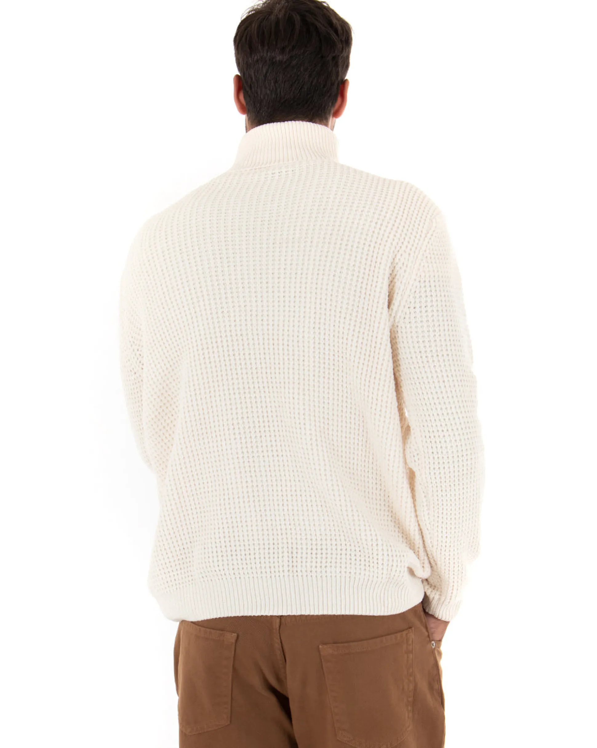 Maglioncino Uomo Ciniglia Collo Alto Pullover Caldo Maglia Maniche Lunghe Lavorata Dolcevita Casual Panna GIOSAL-M2303A