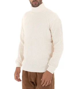Maglioncino Uomo Ciniglia Collo Alto Pullover Caldo Maglia Maniche Lunghe Lavorata Dolcevita Casual Panna GIOSAL-M2303A