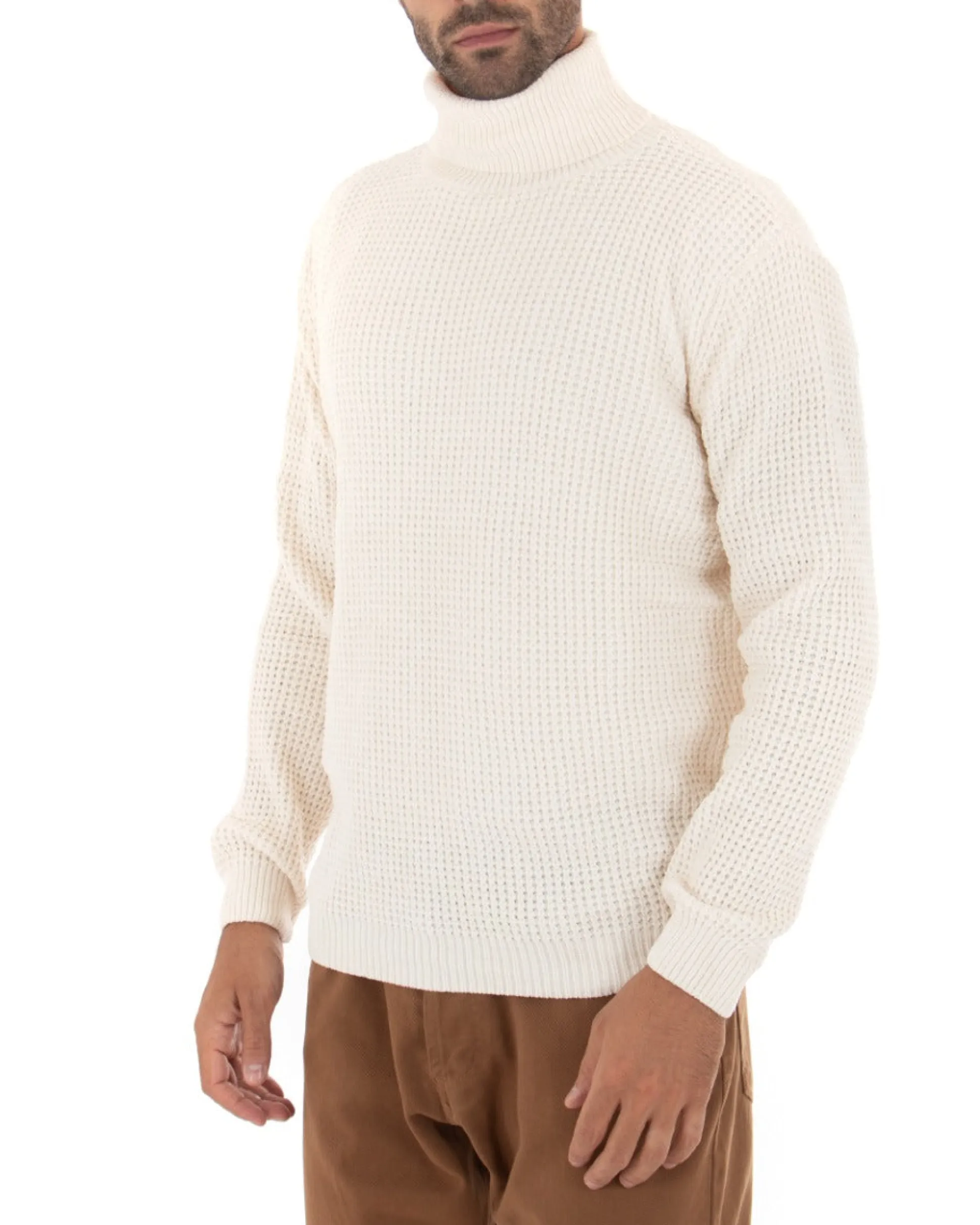 Maglioncino Uomo Ciniglia Collo Alto Pullover Caldo Maglia Maniche Lunghe Lavorata Dolcevita Casual Panna GIOSAL-M2303A