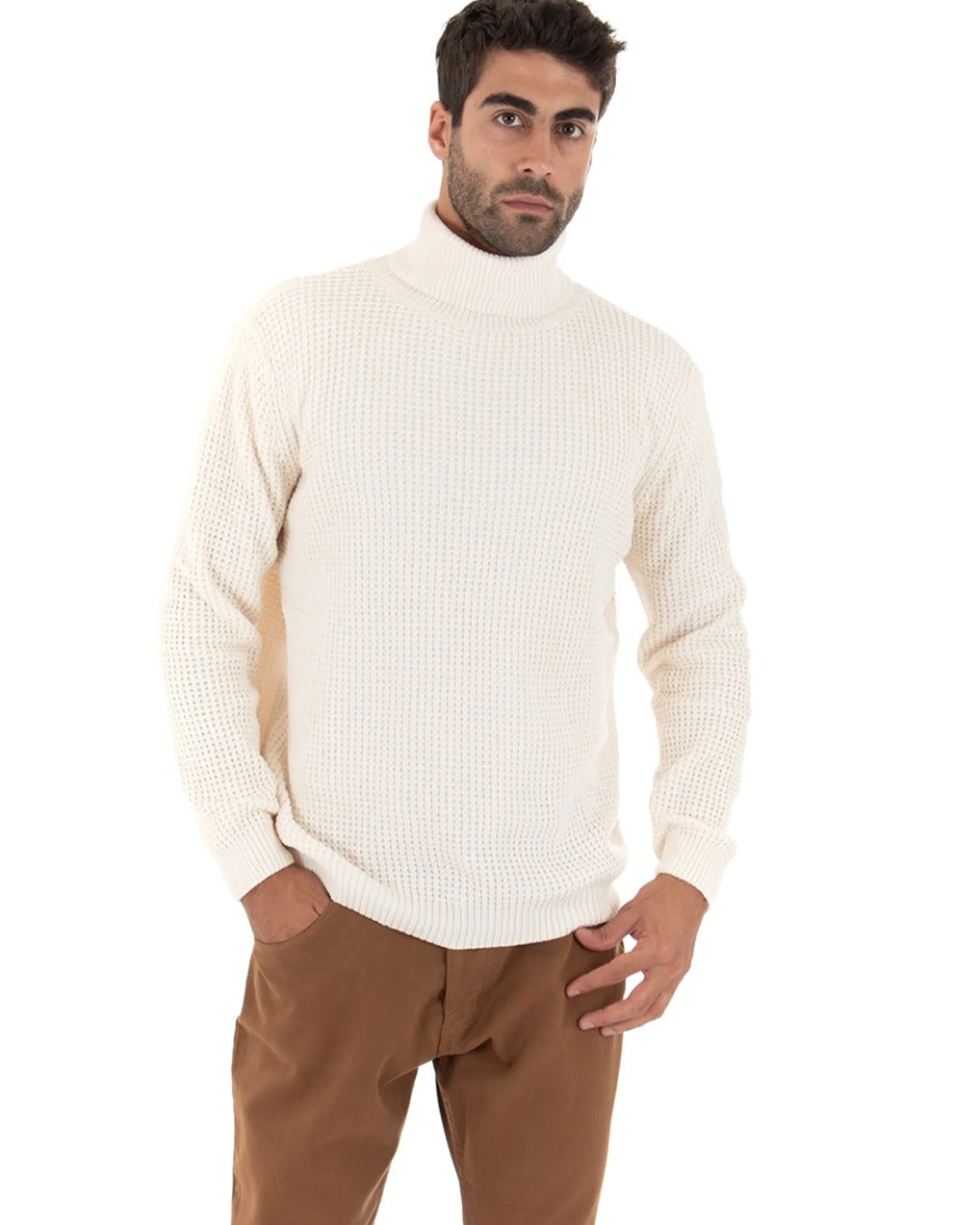 Maglioncino Uomo Ciniglia Collo Alto Pullover Caldo Maglia Maniche Lunghe Lavorata Dolcevita Casual Panna GIOSAL-M2303A