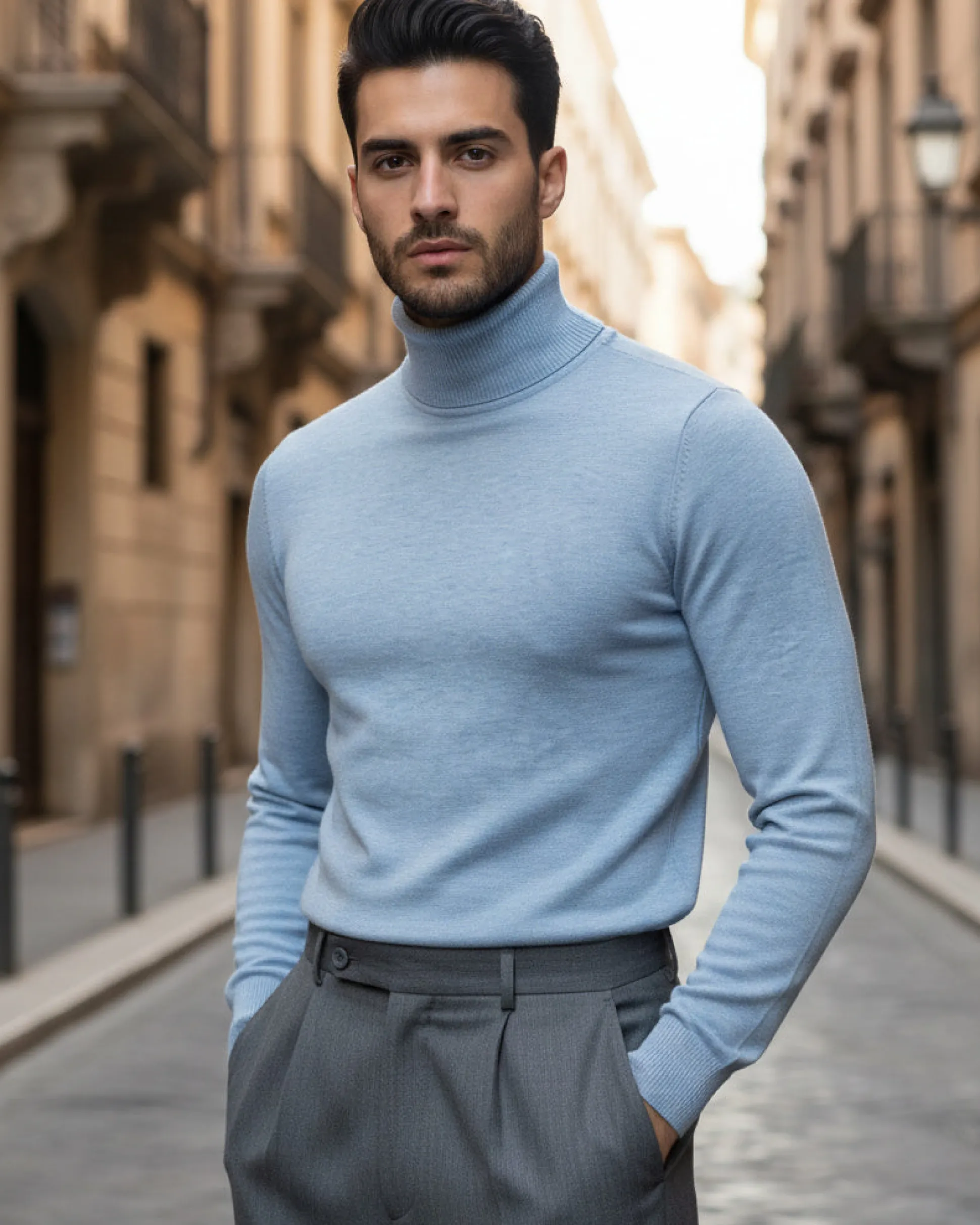 Maglioncino Uomo Collo Alto Maglia Rasata Dolcevita Basic Polvere M2535A