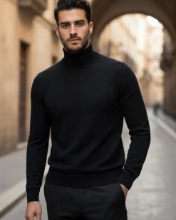 Maglioncino Uomo Collo Alto Maglia Rasata Dolcevita Basic Nero M2538A