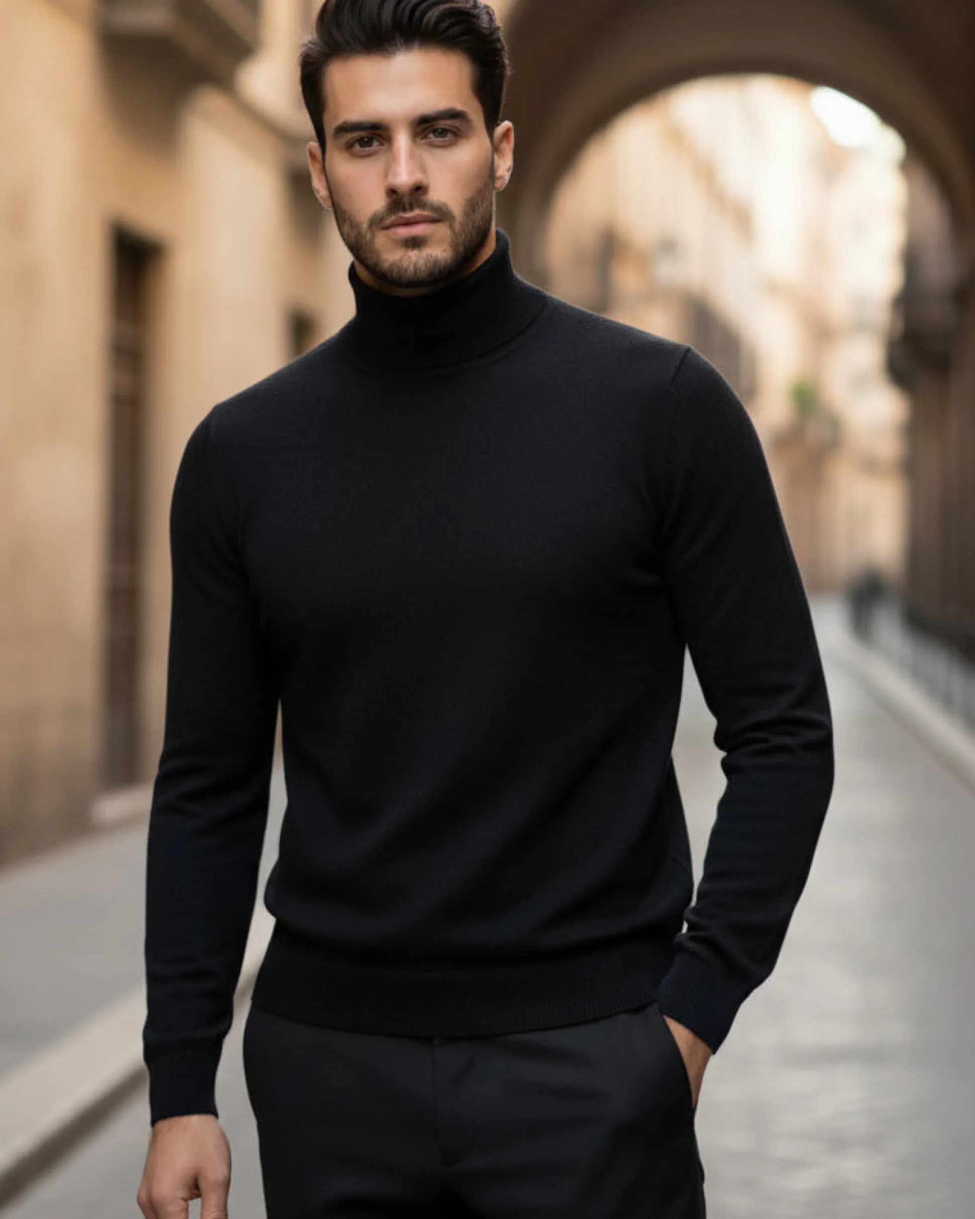 Maglioncino Uomo Collo Alto Maglia Rasata Dolcevita Basic Nero M2538A