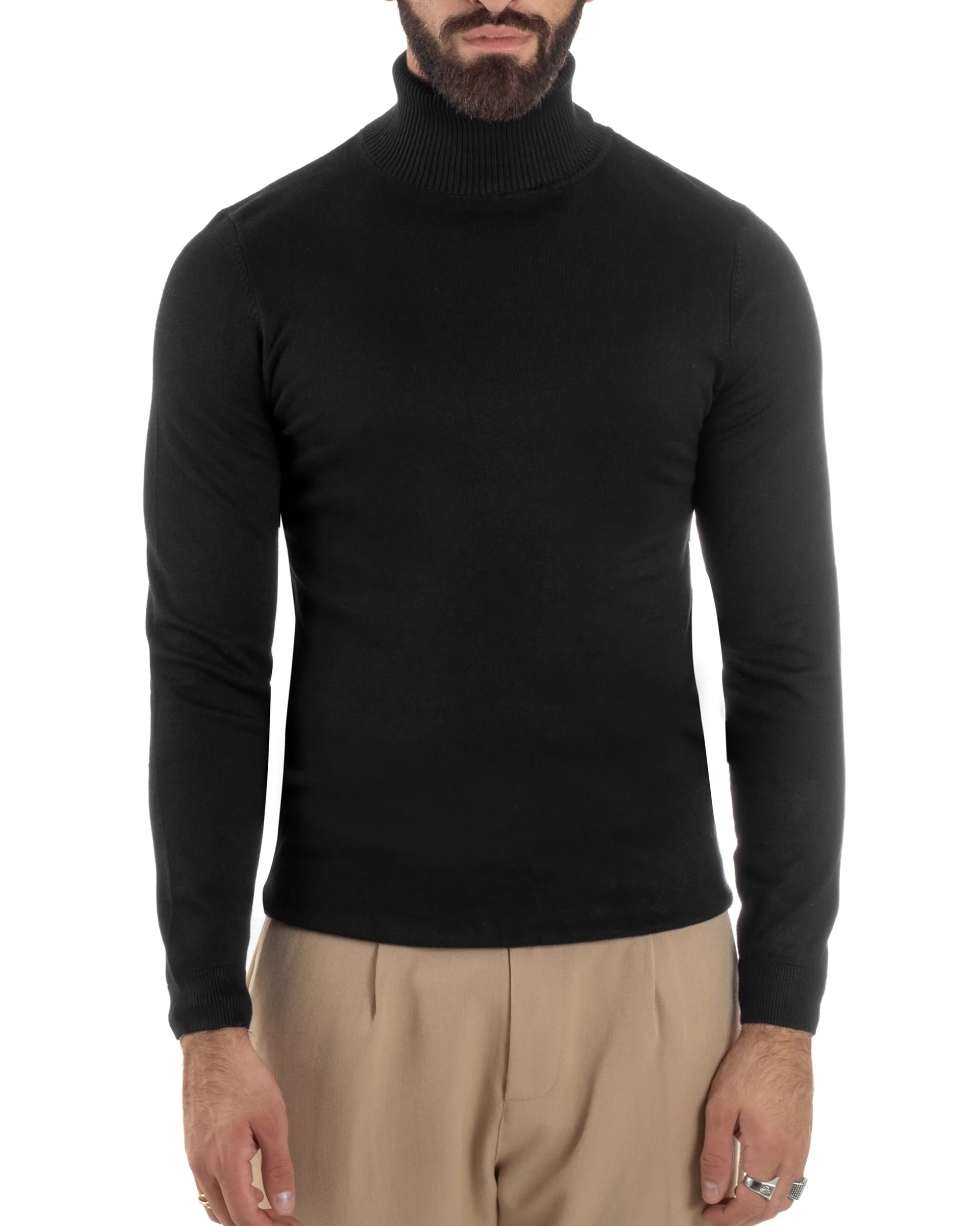 Maglioncino Uomo Collo Alto Maglia Rasata Dolcevita Basic Nero M2538A