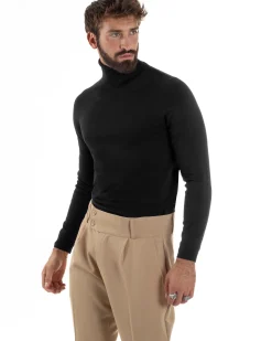 Maglioncino Uomo Collo Alto Maglia Rasata Dolcevita Basic Nero M2538A