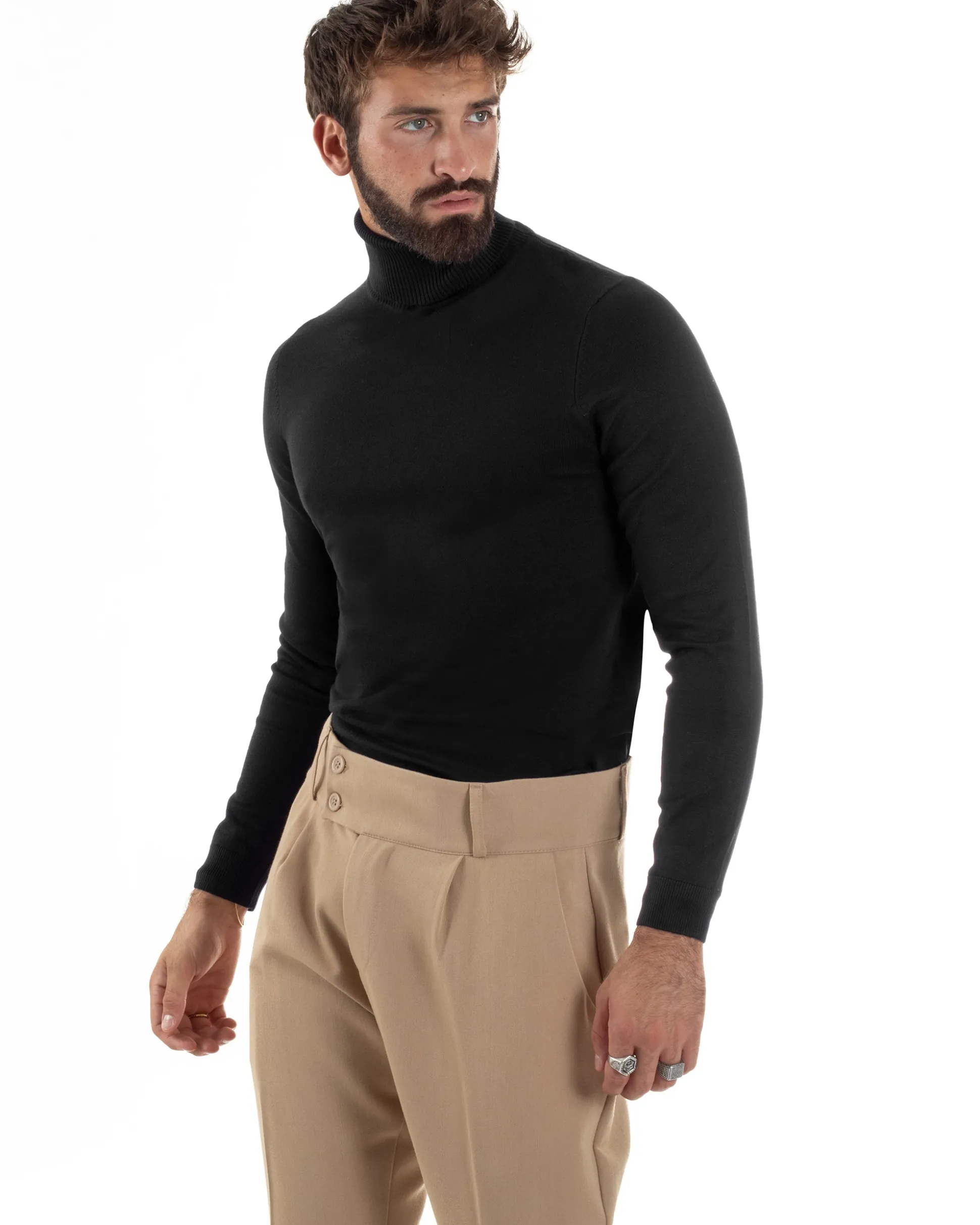 Maglioncino Uomo Collo Alto Maglia Rasata Dolcevita Basic Nero M2538A
